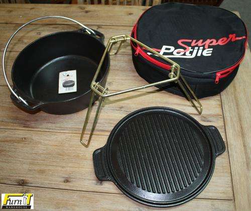 Super POTJIE Set with Steak Braai Lid (incl Zip carry Bag) - Cast Iron