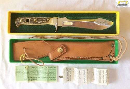 VINTAGE PUMA WHITE HUNTER #6377 KNIFE With Leather Sheath & Box - RARE - 1970's - Highly Collectable