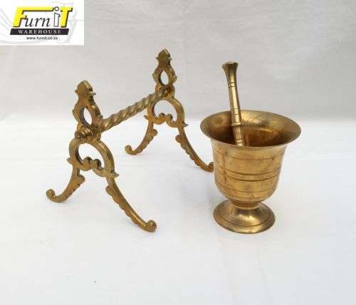 Brass Mortar, Pestle and Utensil stand set - Good condition