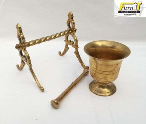 Brass Mortar, Pestle and Utensil stand set - Good condition