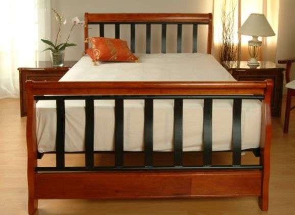 Java "Sleigh" Bed (Queen extra length, bedframe alone) (Wood/Metal) - Mattress excluded.