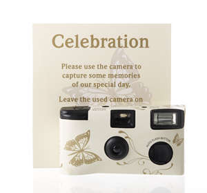 Ivory and Gold butterfly disposable wedding cameras