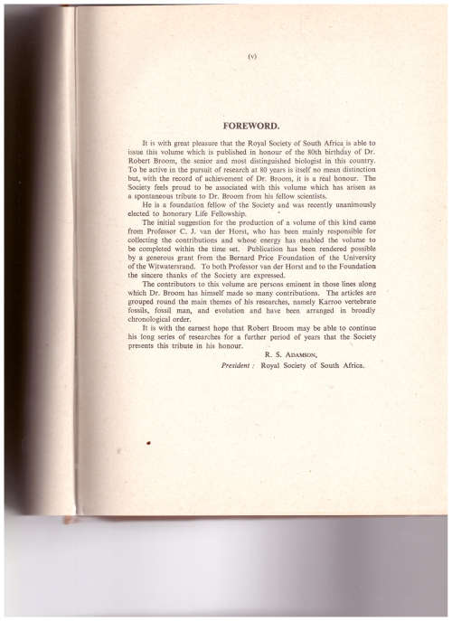 SPECIAL PUBLICATION OF THE ROYAL SOCIETY OF SOUTH AFRICA: ROBERT BROOM COMMEMORATIVE VOLUME 1948