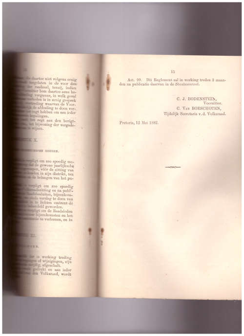 REGLEMENTE VAN ORDE VOOR DEN EERSTEN VOLKSRAAD DER Z.A. REPUBLIEK 1874,1882,1887,1891, 1894