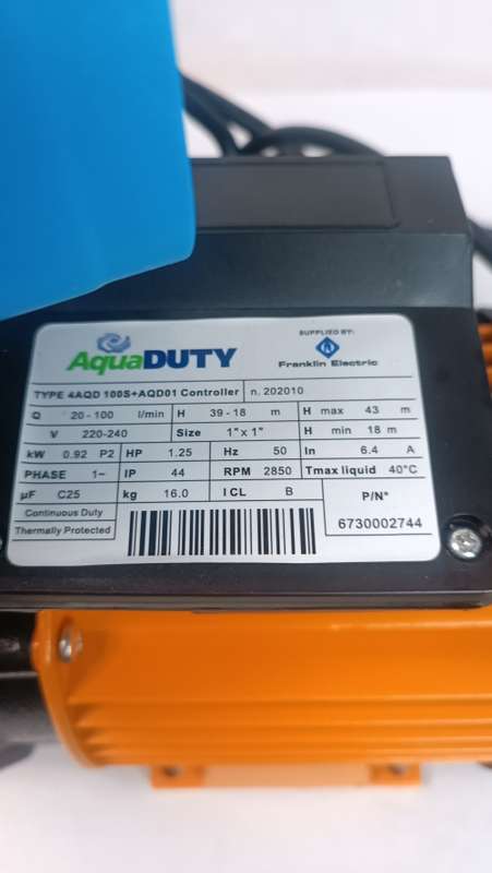 Centrifugal Domestic Water Pump 1.25HP /0.92KW with Controller Aqua Duty 4AQD 100L/min