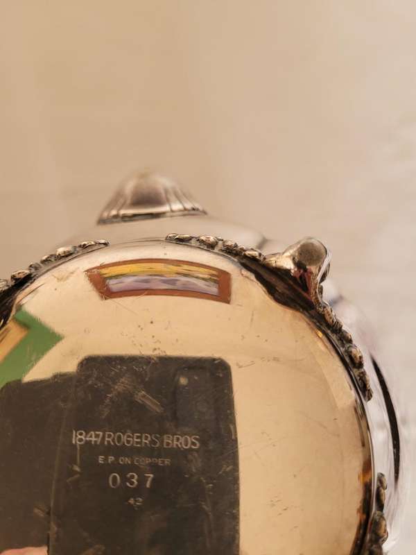1847 ROGERS BROS MANUFACTURED, NUMBERED 037 and .42, SILVER ON COPPER TEA KETTLE