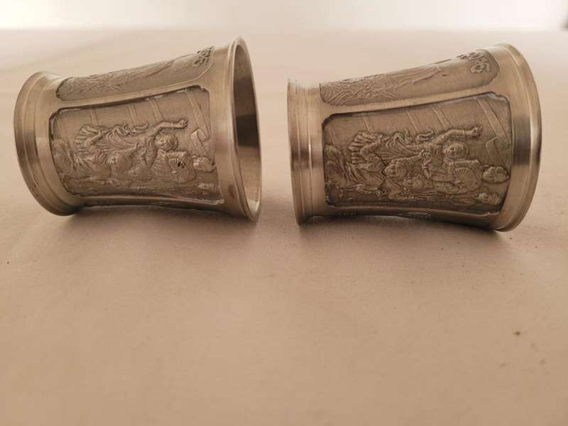 TWO ROYAL SALANGOR PEWTER SHOT GLASSES-100GRAMS EACH-5CM X 4CM VERY ORNATE AND CLASSY PIECES