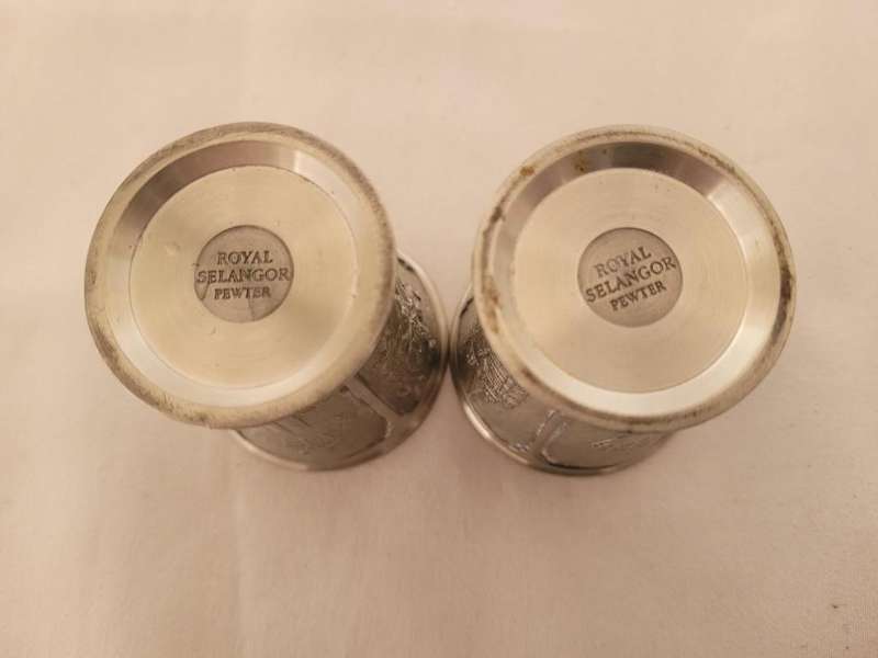 TWO ROYAL SALANGOR PEWTER SHOT GLASSES-100GRAMS EACH-5CM X 4CM VERY ORNATE AND CLASSY PIECES