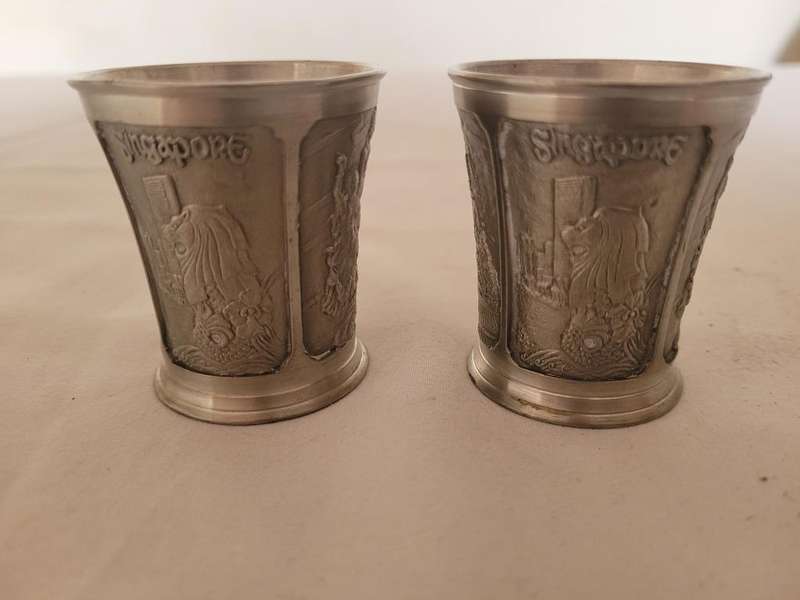 TWO ROYAL SALANGOR PEWTER SHOT GLASSES-100GRAMS EACH-5CM X 4CM VERY ORNATE AND CLASSY PIECES
