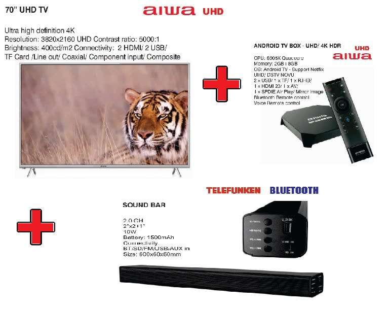 MASSIVE COMBO DEAL!!!! Aiwa 70` UHD 4K TV + AIWA UHD 4K Android TV box HDR + Telefunken 2.0 Soundbar