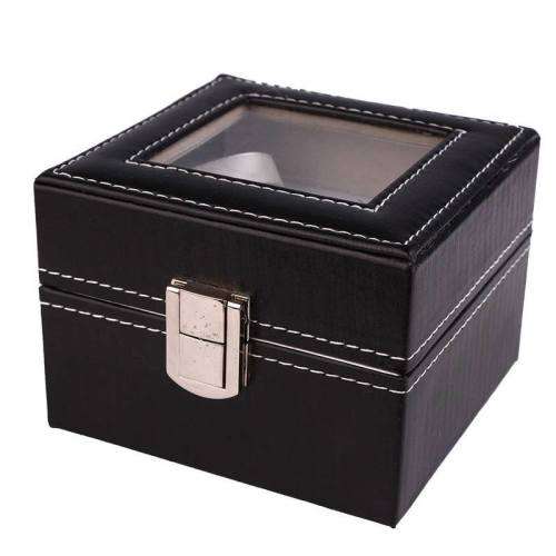 Black 2 Grid PU Leather Watch Display Collection Case Box Jewelry Storage Organizer