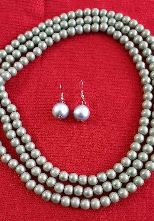 Plain Beaded Pearl Necklace with Earrings set