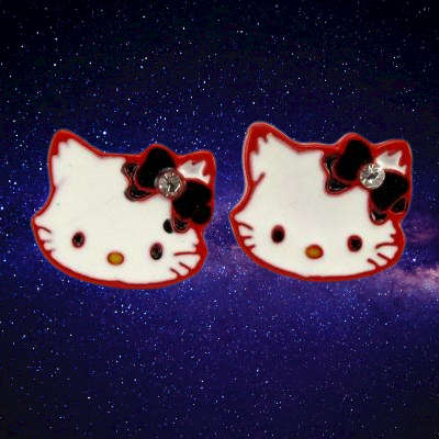 Hello Kitty Stud Earrings with Crystal - Red Outline