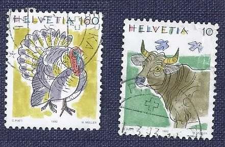 Switzerland.1992. Animals   Cattle  10 & Domesticated Turkey 160 set