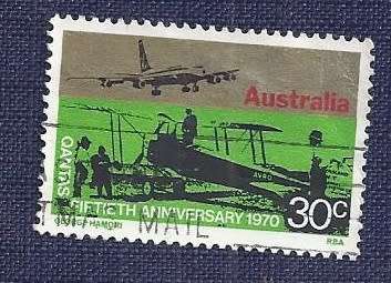 Australia.1970.50th Anniversary of the QANTAS Airways 30c   - Boeing 707 and Avro 504