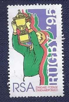 RSA.1995 .World Cup Rugby Championship, SA   South Africa victory - Player holding trophy