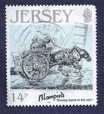 Jersey.1986 .100th Anniversary of the Birth of Edmond Blampieds 14p   Driving Home in the Rain