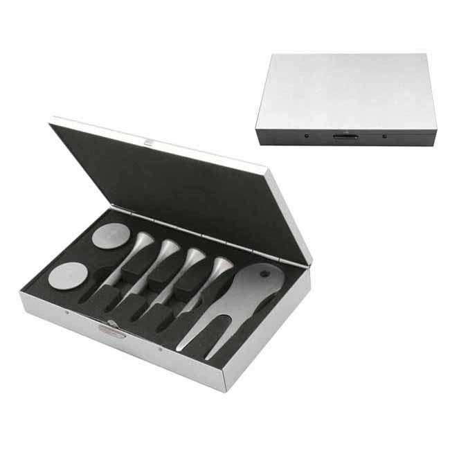 Aluminium golfers set incl tees & ball markers in aluminium case