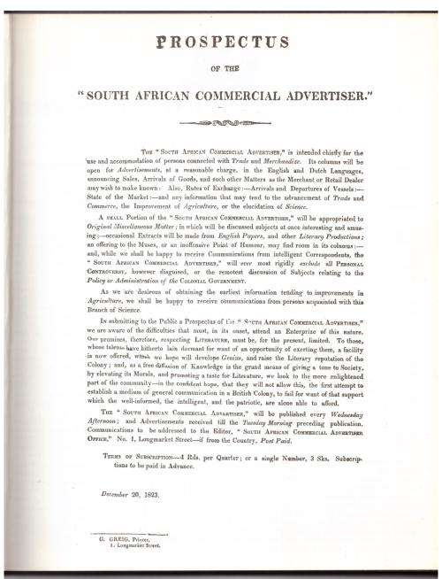 The South African Commercial Advertiser. No. 1 January 7 1824 to No. 18 May 5 1824