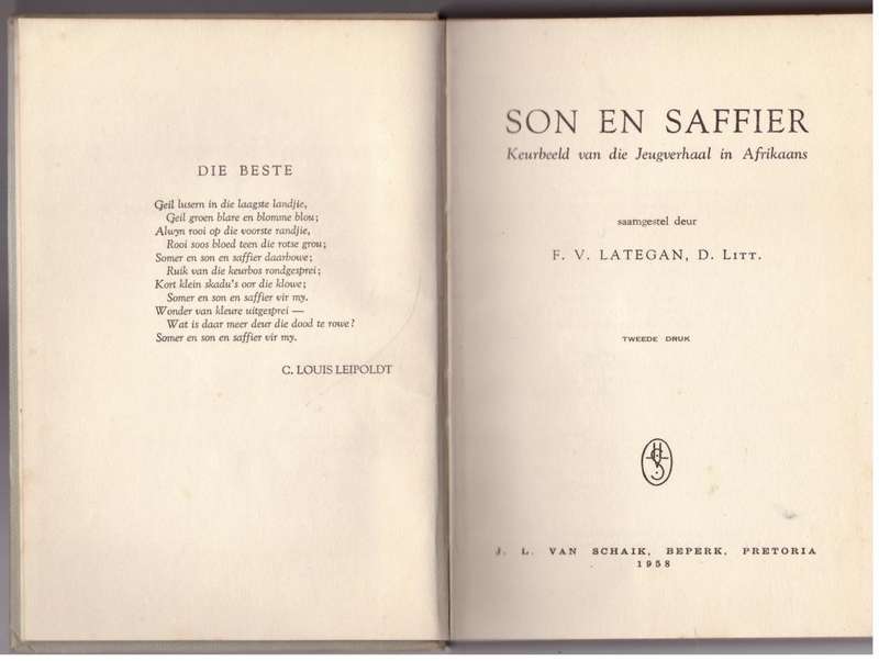 Son en saffier: keurbeeld van die jeugverhaal in Afrikaans -- F. V. Lategan [Samesteller]