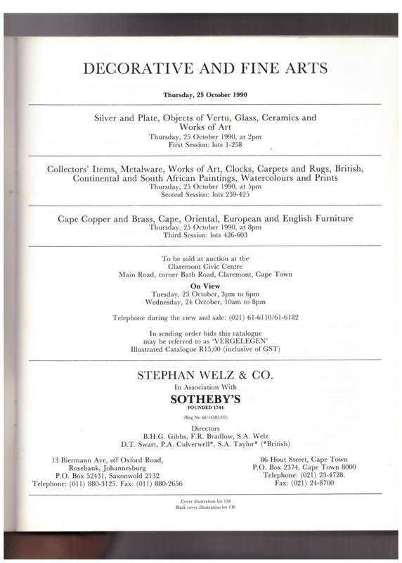 Decorative and Fine Arts, Thursday 25 October 1990 (Auction Catalogue) -- Stephan Welz & Co