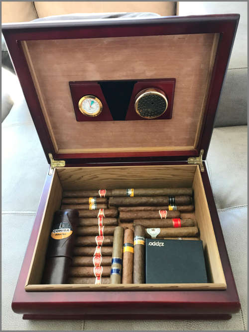 Cigar Humidor with 30 Top Cigars and Zippo Clipper
