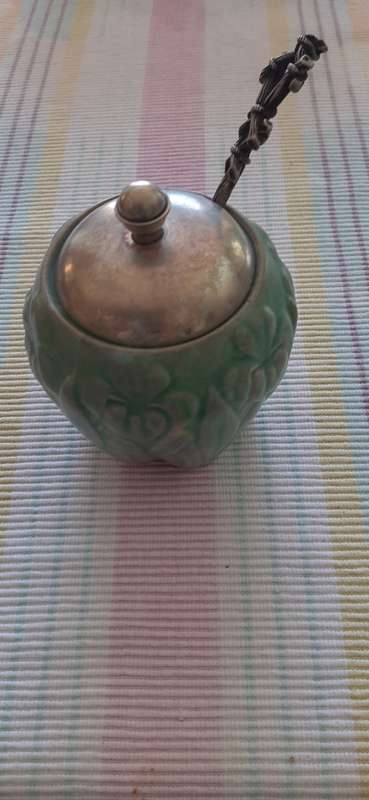 FLAXMAN WADE HEATH SUGAR BOWL WITH NICKEL SILVER TOP AND SPOON (E.P.N.S)