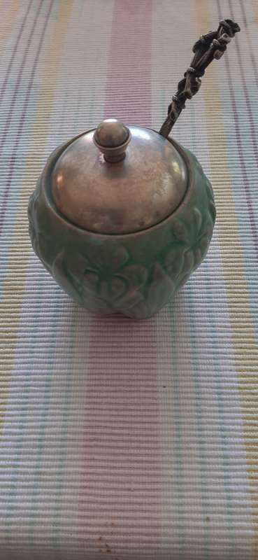 FLAXMAN WADE HEATH SUGAR BOWL WITH NICKEL SILVER TOP AND SPOON (E.P.N.S)