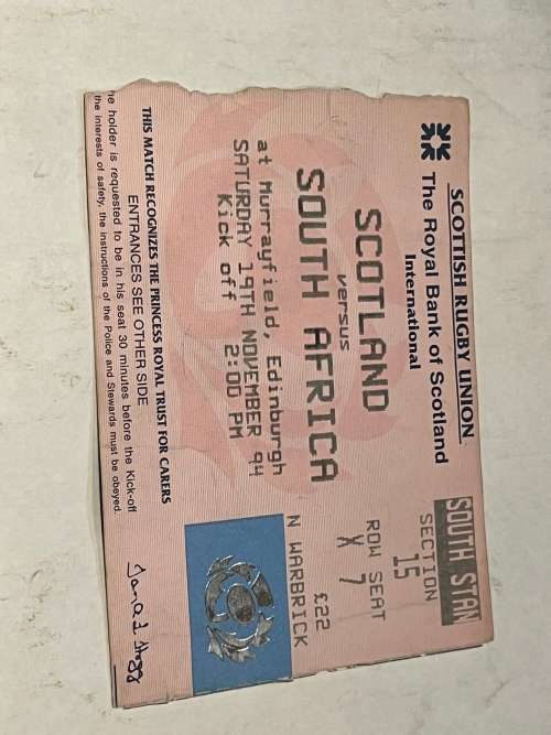 Rugby Ticket - Scotland vs Springboks 19/11/1994