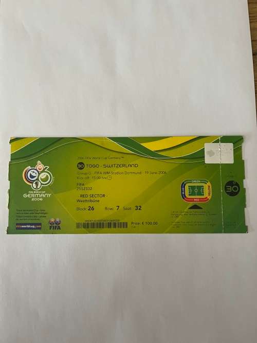 2006 Soccer World Cup Ticket - Togo vs Switzerland 19/06/2006