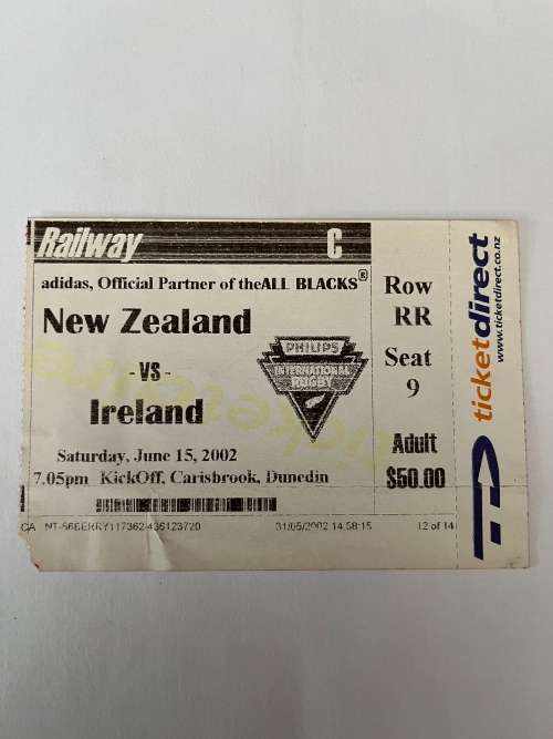 Rugby Ticket - All Blacks vs Ireland 15/06/2002