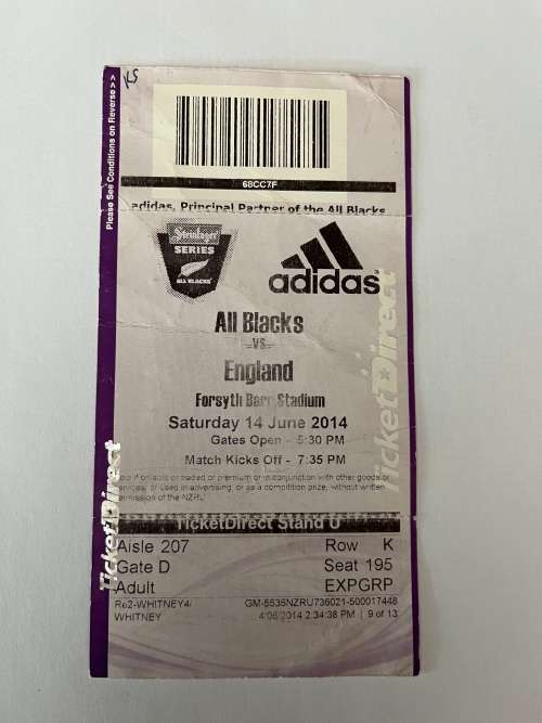 Rugby Ticket - All Blacks vs England 14/06/2014