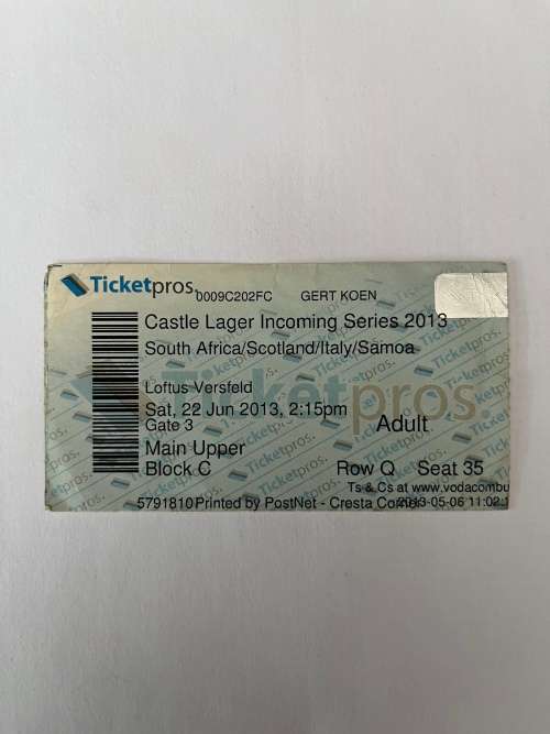 Rugby Ticket - South-Africa vs Samoa 22/06/2013