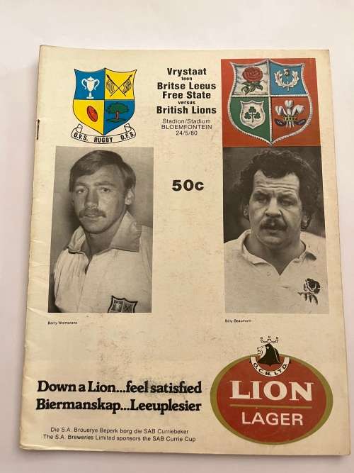 Rugby Programme - Free State vs British Lions 24/05/1980
