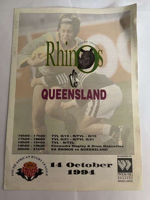 Rugby League Programme - South-Africa vs Queensland 14/10/1994