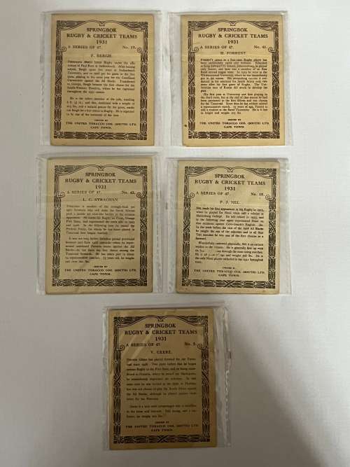 1931 Springbok Rugby and Cricket Teams Trading/Cigarette Cards * 5 (Issued by United Tabacco)