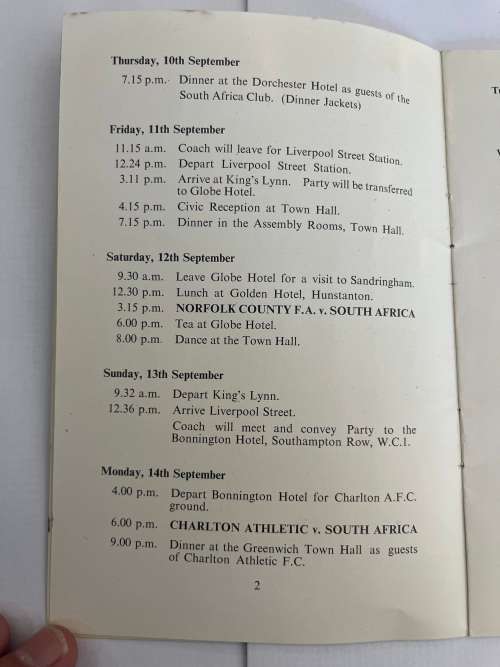 Soccer/Football Itinerary- 1953 Visit of the South-African Football Team to the UK