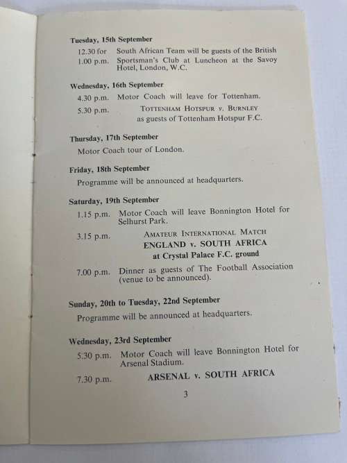 Soccer/Football Itinerary- 1953 Visit of the South-African Football Team to the UK