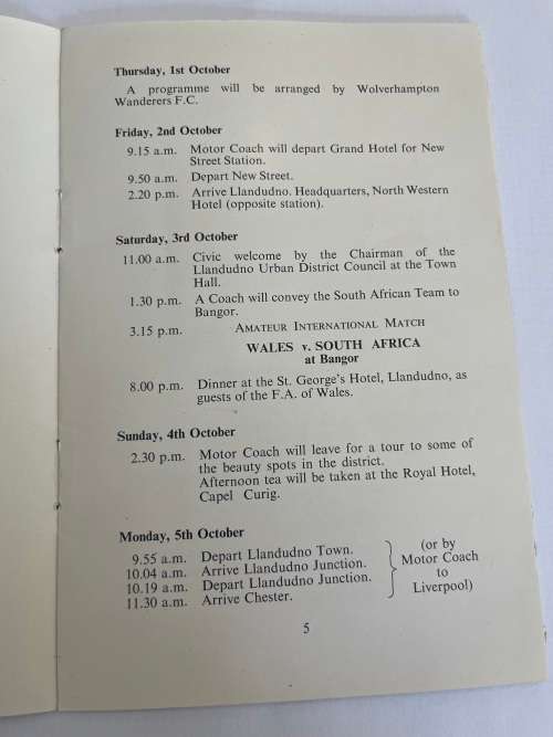 Soccer/Football Itinerary- 1953 Visit of the South-African Football Team to the UK