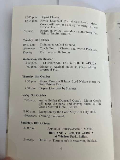 Soccer/Football Itinerary- 1953 Visit of the South-African Football Team to the UK