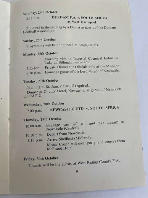 Soccer/Football Itinerary- 1953 Visit of the South-African Football Team to the UK