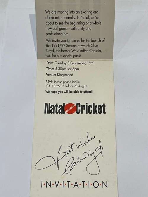 Cricket Function Invitation - Natal 1991/1992 season launch **Signed by Clive Lloyd**