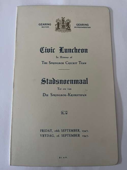 Cricket Menu - Civic Luncheon in honour of the Springbok Cricket Team 26/09/1947