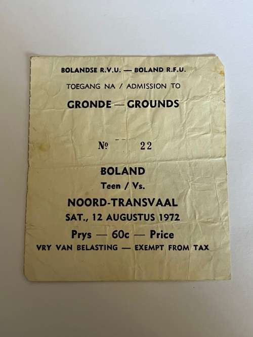 Rugby Ticket - Boland vs Noord-Transvaal 12/08/1972