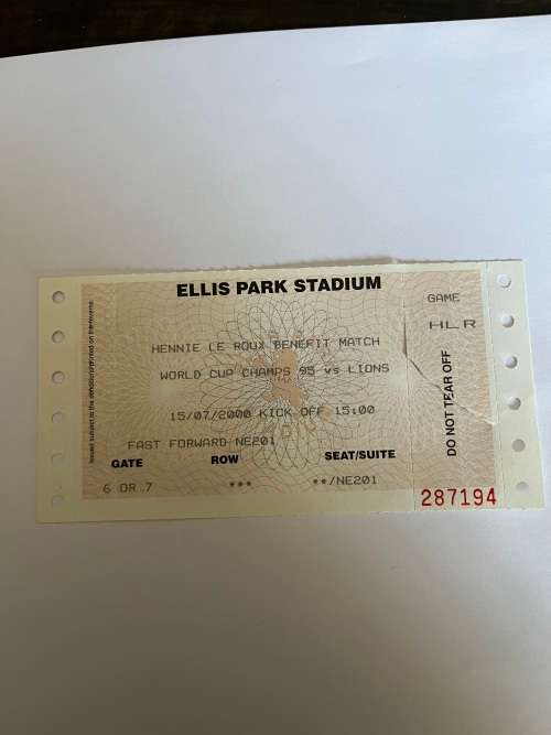 Rugby Ticket - 1995 World Champs vs Lions (Hennie le Roux Benefit 15/07/2000)