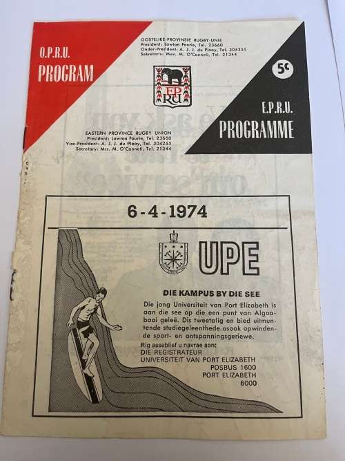 Rugby Programme - Eastern-Province Club Rugby (Despatch/Swifts/Crusaders/Olympics etc) 06/04/1974