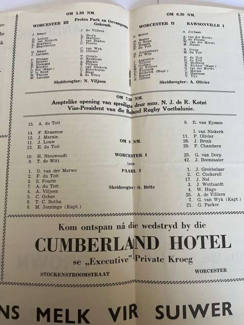 Rugby Programme - 04/09/1968 Bolandpark Light Induction. (Various Springboks in action)