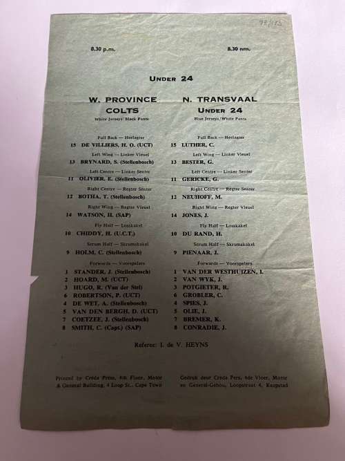 Rugby Programme - WP Colts vs Northern-Transvaal Colts 26/04/1967