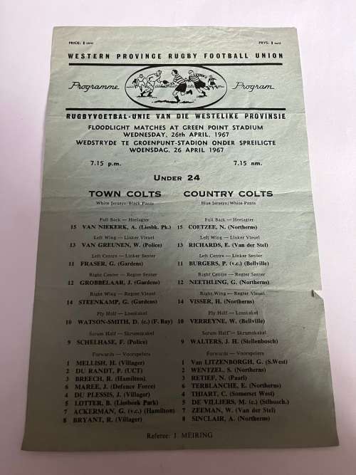 Rugby Programme - WP Colts vs Northern-Transvaal Colts 26/04/1967