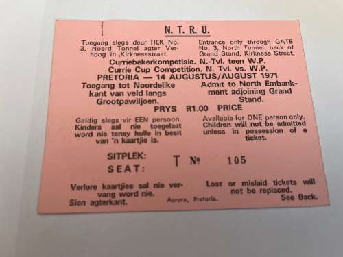 Rugby Ticket - Northern-Transvaal vs Western-Province Currie Cup 14/08/1971